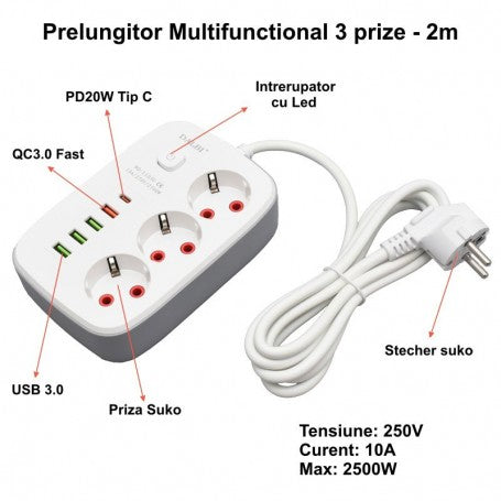 Prelungitor 3 prize cu 4 porturi USB, PD20W, QC3.0, intrerupator LED, 250V 10A 2500W, cablu 2m