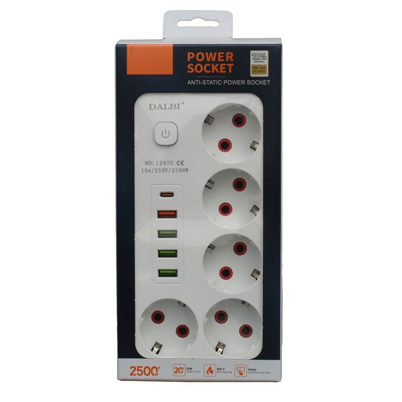 Prelungitor multifunctional 5 prize 2500W cu porturi USB, ambalaj original cutie