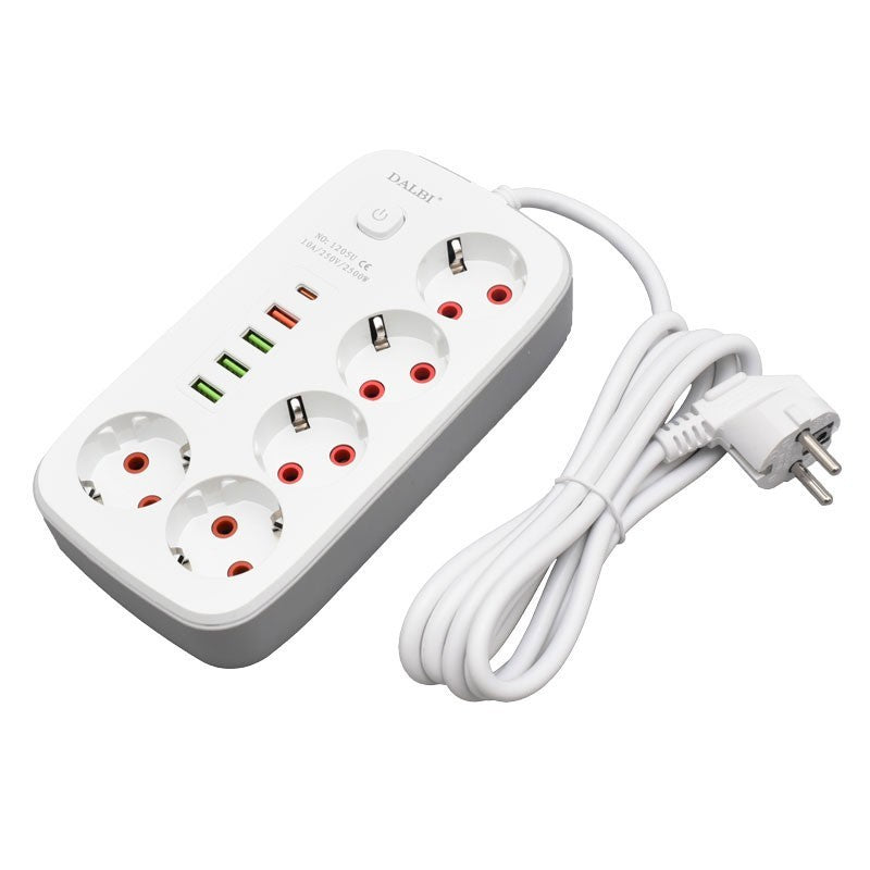 Prelungitor 5 prize cu USB-C si USB-A, 10A 250V, cablu 2m, vedere diagonala