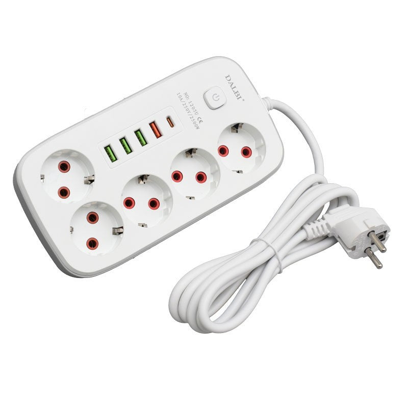 Prelungitor 5 prize Schuko cu porturi USB colorate, 2500W, cablu 2m, vedere de sus