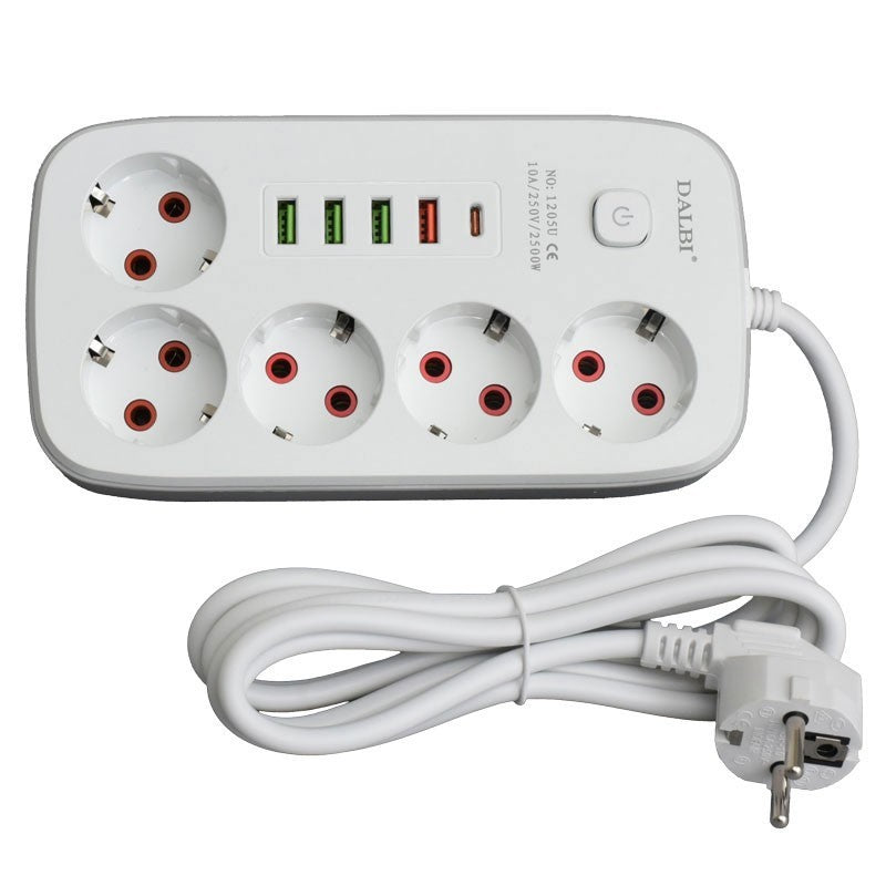 Prelungitor multifunctional 5 prize 250V cu USB-C PD si cablu 2m, vedere frontala orizontala