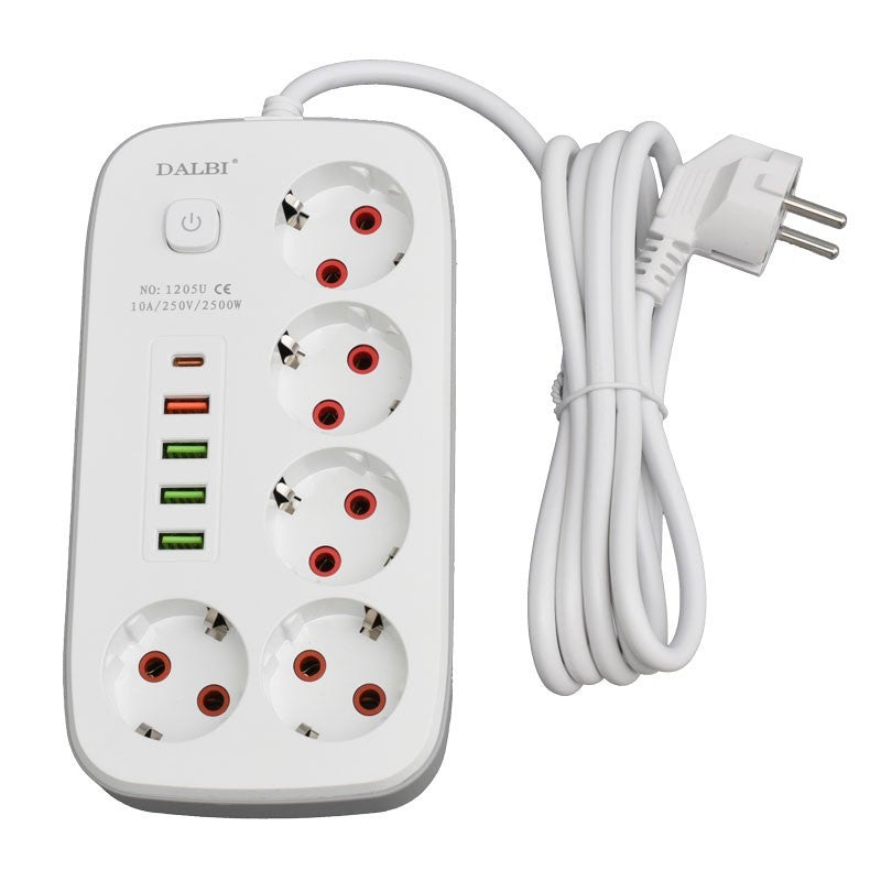 Prelungitor 5 prize cu 5 porturi USB, 10A 2500W, cablu 2m, vedere frontala verticala