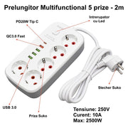 Prelungitor 5 prize cu USB-C PD 20W si QC3.0, 2500W, cablu 2m, intrerupator LED - vedere frontala cu etichete