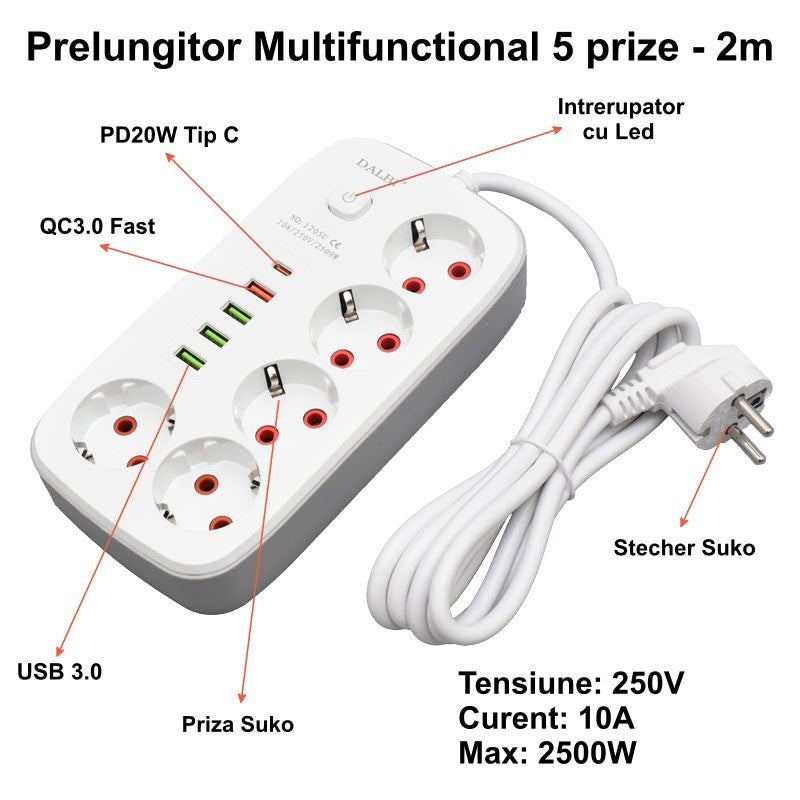 Prelungitor 5 prize cu USB-C PD 20W si QC3.0, 2500W, cablu 2m, intrerupator LED - vedere frontala cu etichete
