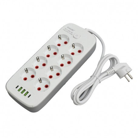 Prelungitor multifunctional 8 prize 10A, vedere de ansamblu cu cablu 2m si porturi USB laterale