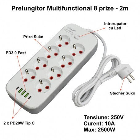 Prelungitor 8 prize schuko 2500W cu incarcare USB-C PD si USB-A, detaliu conexiuni si specificatii