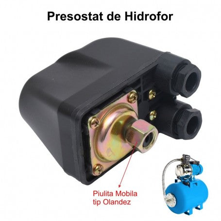 Presostat hidrofor cu piulita mobila tip olandez, presiune reglabila 1-5 bari, conexiune hidraulica 1/4 inch
