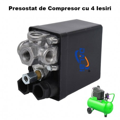 Presostat compresor aer cu 4 iesiri, reglaj 2-12 bar, 16A 230V AC, filet 1/4 BSP, carcasa metal robusta