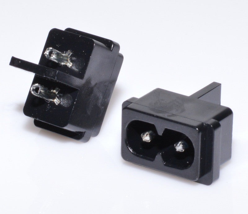 Priza AC mini tip C8 negra, vedere fata si spate, gabarit compact 14x23x23 mm