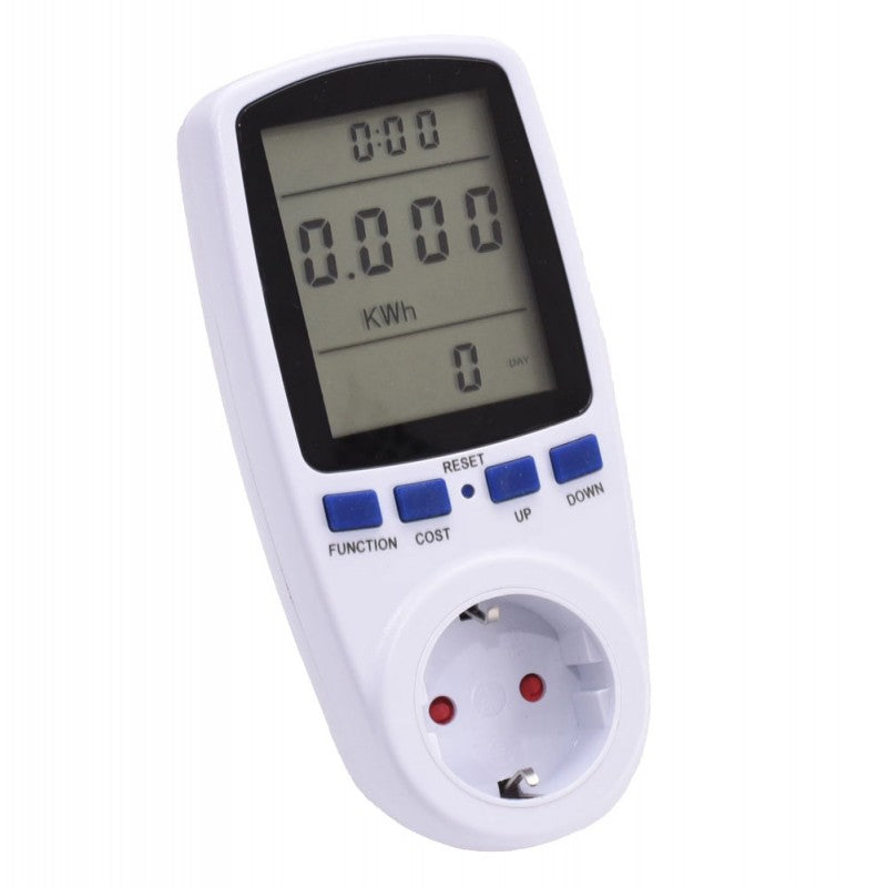 Priza contor energie digital 16A 250V cu ecran LCD, afisaj kWh si cost, butoane functii