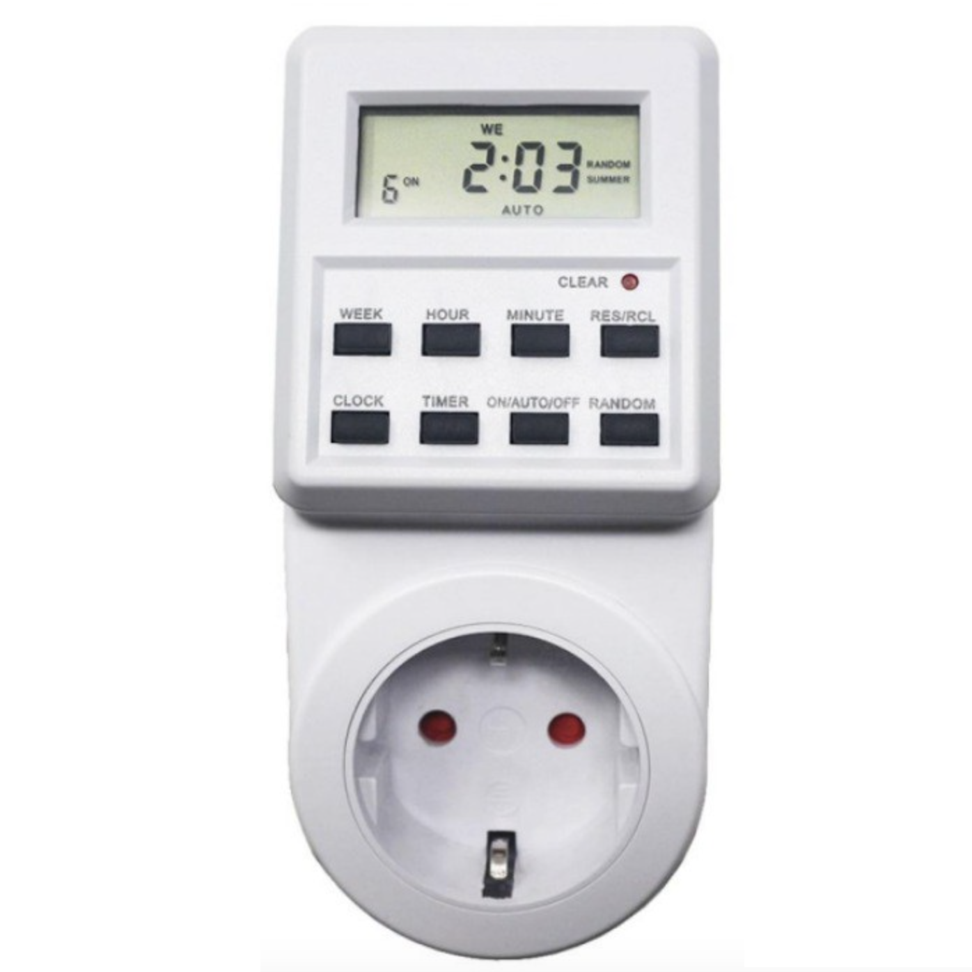 Timer priza programabila cu ecran LCD si 8 butoane de control, vedere frontala