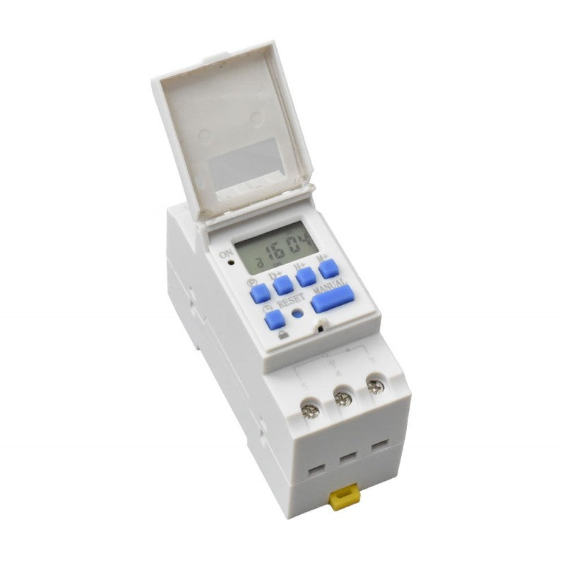 programator de timp digital cu capac deschis, butoane albastre de programare si display LCD vizibile