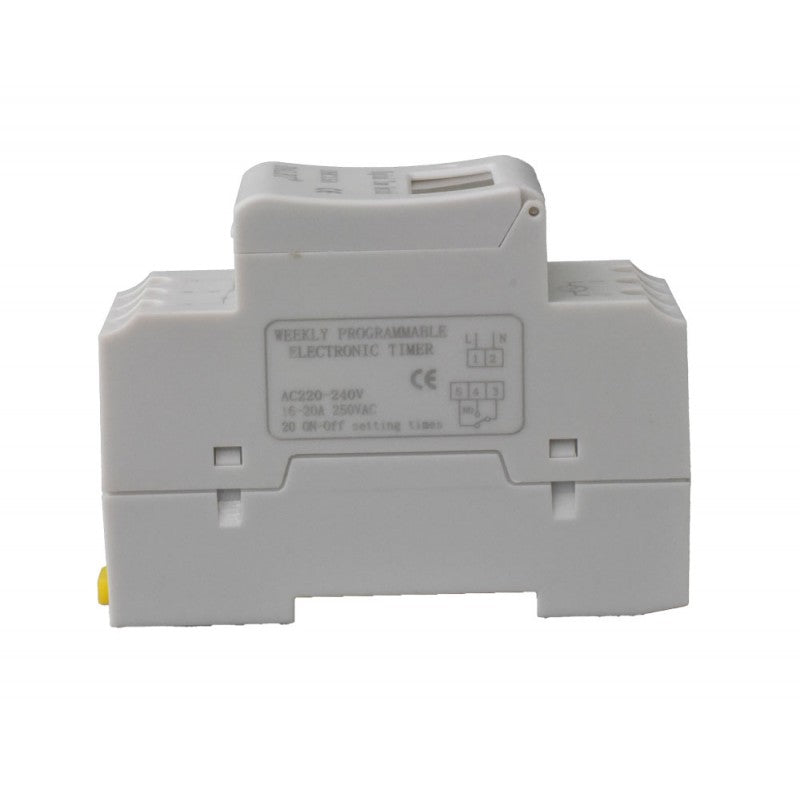 programator de timp saptamanal pe sina DIN, vedere spate cu schema de conectare, 220-240V AC