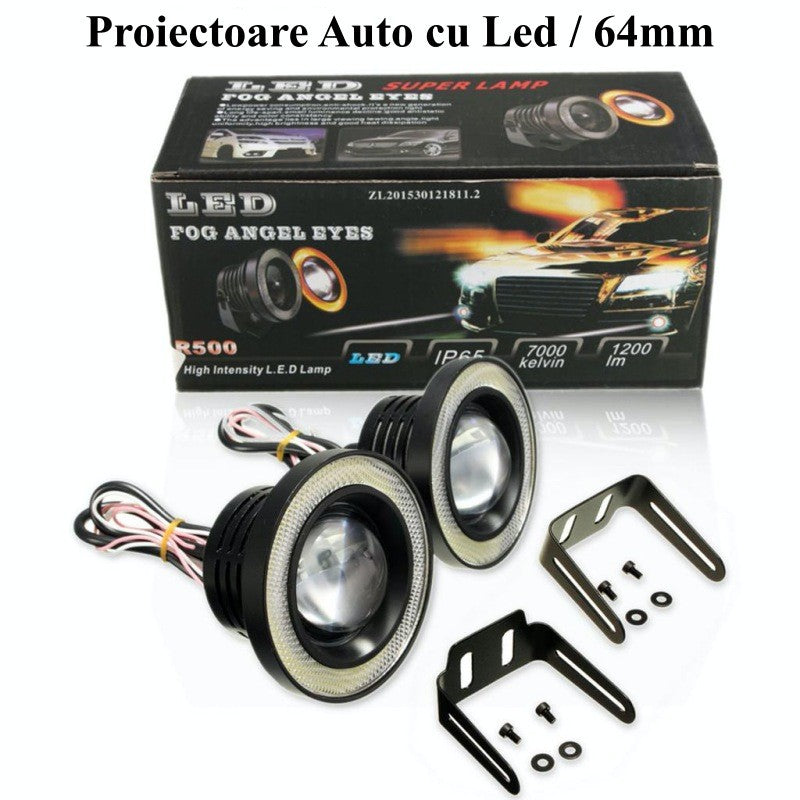 Proiectoare LED auto universale 64mm cu Angel Eyes, prezentate alaturi de cutia de ambalaj