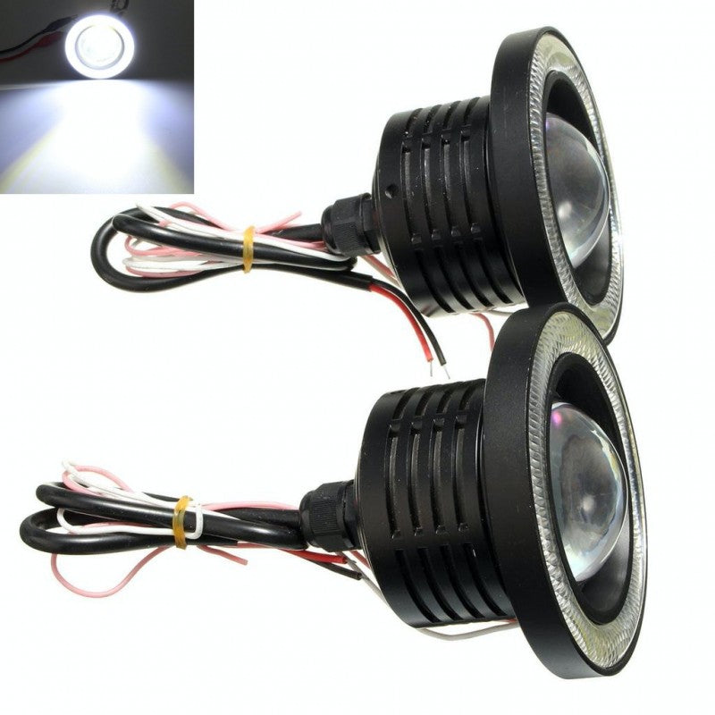 Proiectoare LED auto cu inel angel eyes, carcasa neagra cu nervuri de racire si cablaj, vedere din spate