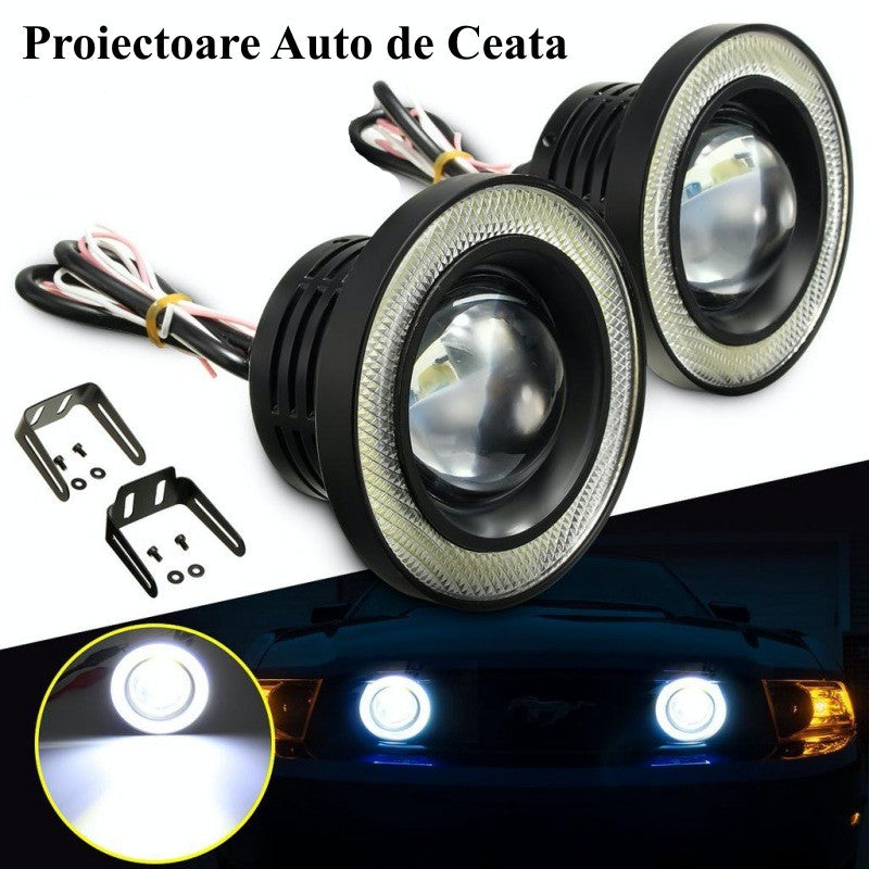 Proiectoare LED ceata auto 76mm cu angel eyes aprins alb, suporti metalici inclusi, efect luminos pe bara fata