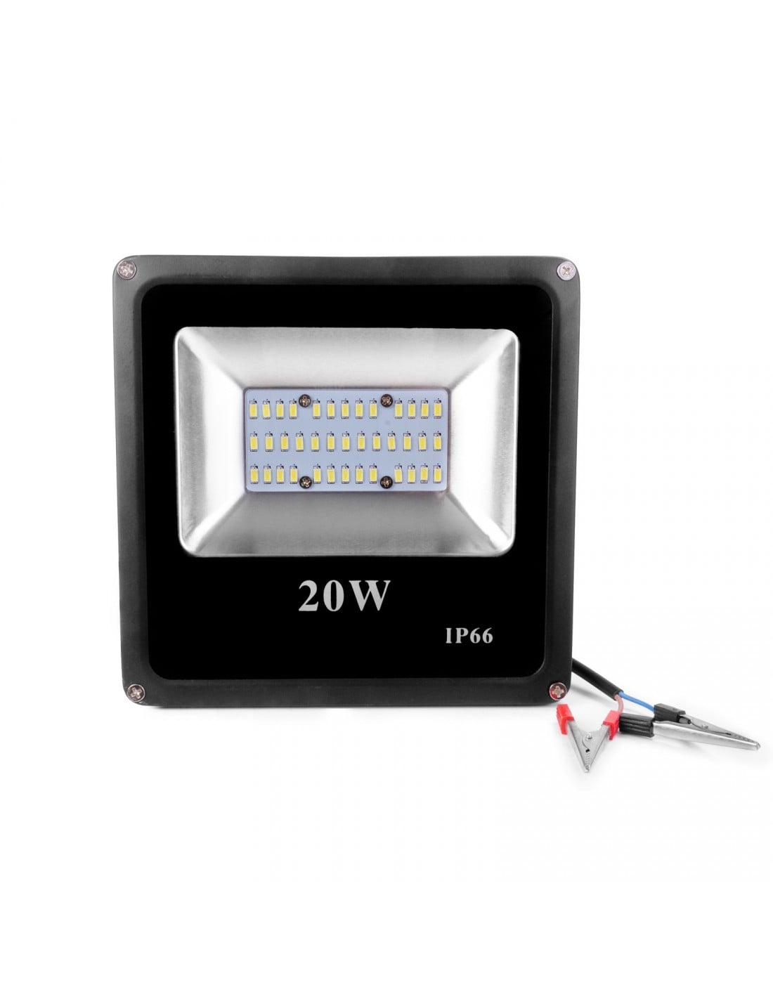 Proiector LED SMD 20W IP66 cu clesti crocodil, vedere frontala cu chip-uri SMD vizibile
