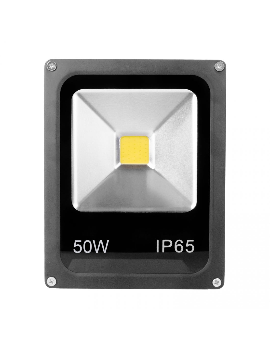 Proiector LED slim 50W IP65 vedere frontala, chip COB lumina calda, rama aluminiu gri