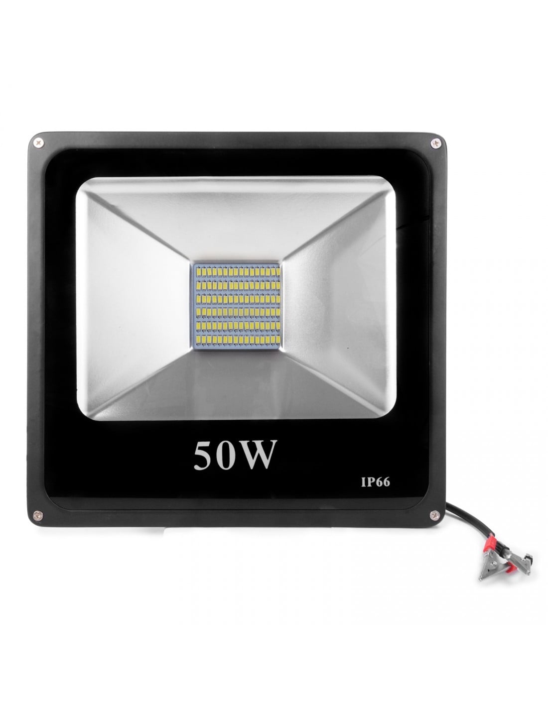 Proiector LED 50W IP66 vedere frontala, chip SMD si conexiune cu clesti crocodil pentru acumulator