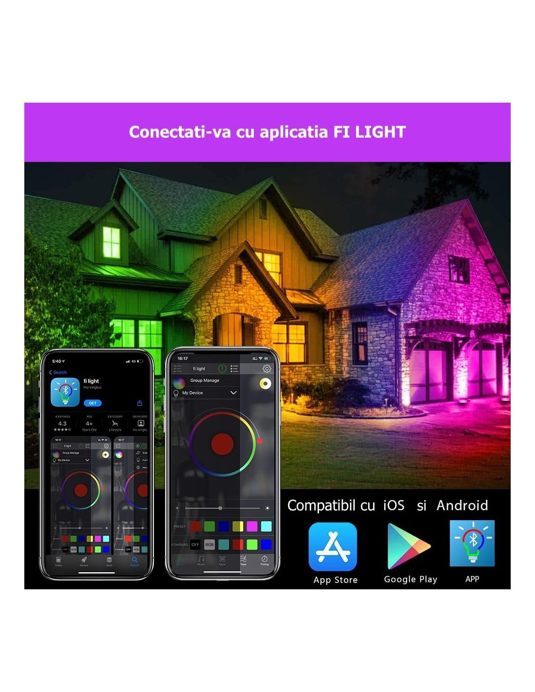 Proiector LED RGB 20W compatibil iOS si Android, control aplicatie mobila, iluminat fatada colorat