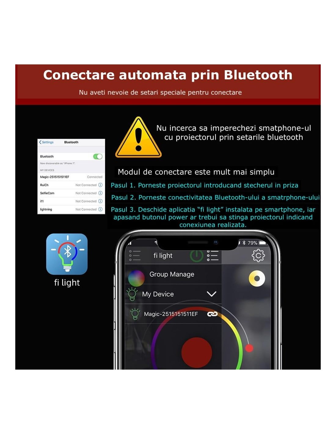Proiector LED RGB conectare automata Bluetooth fara setari speciale, ghid pasii de asociere cu telefonul