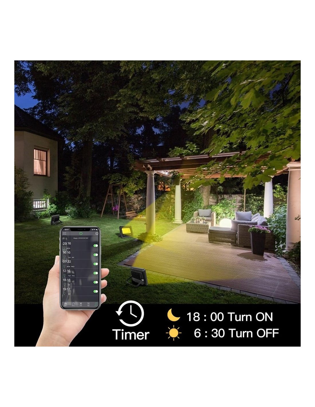 Proiector LED RGB exterior cu functie timer programabil din aplicatie, iluminat gradina si terasa