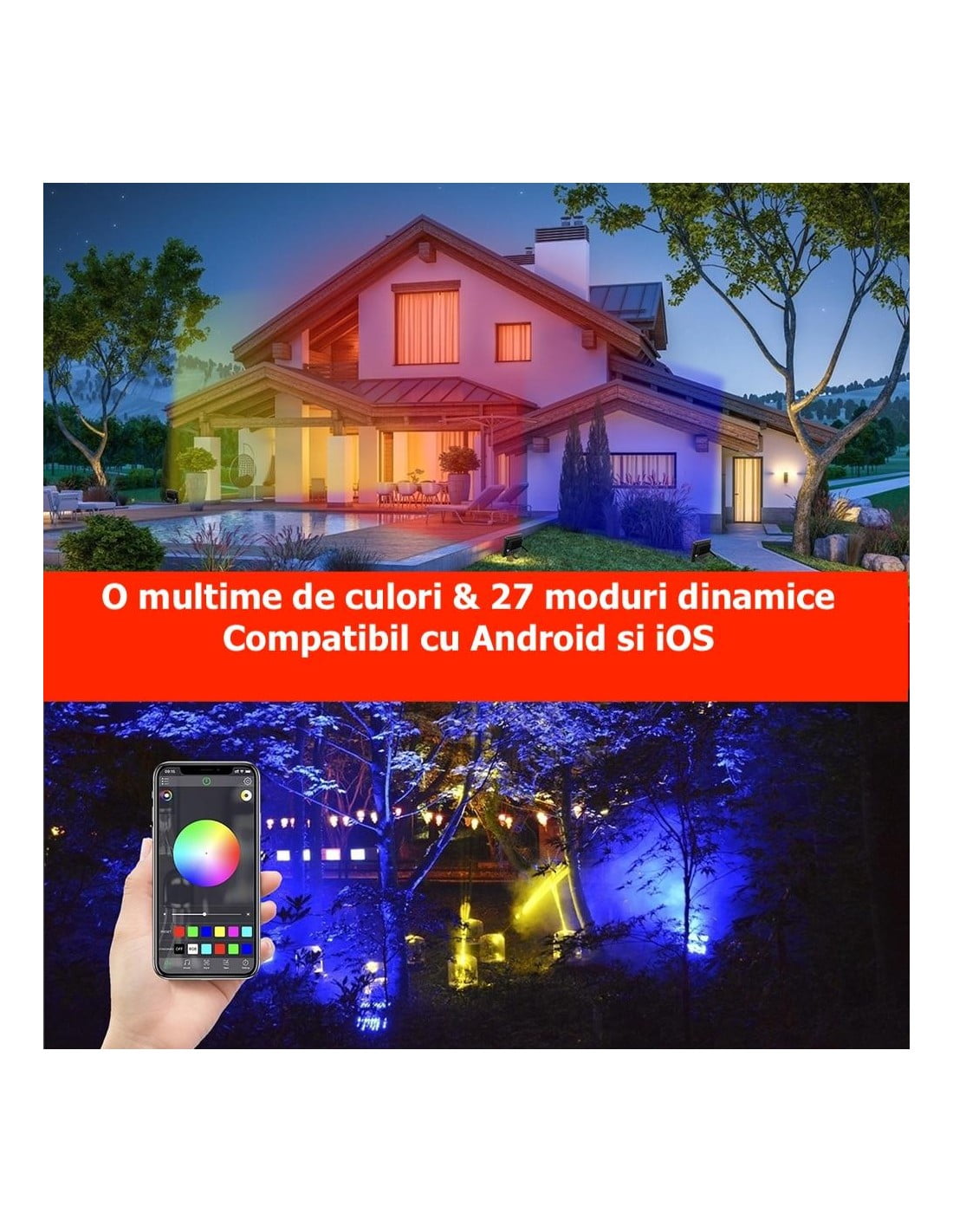 Proiector LED RGB 20W controlat din aplicatie mobila, 27 moduri dinamice, compatibil Android si iOS