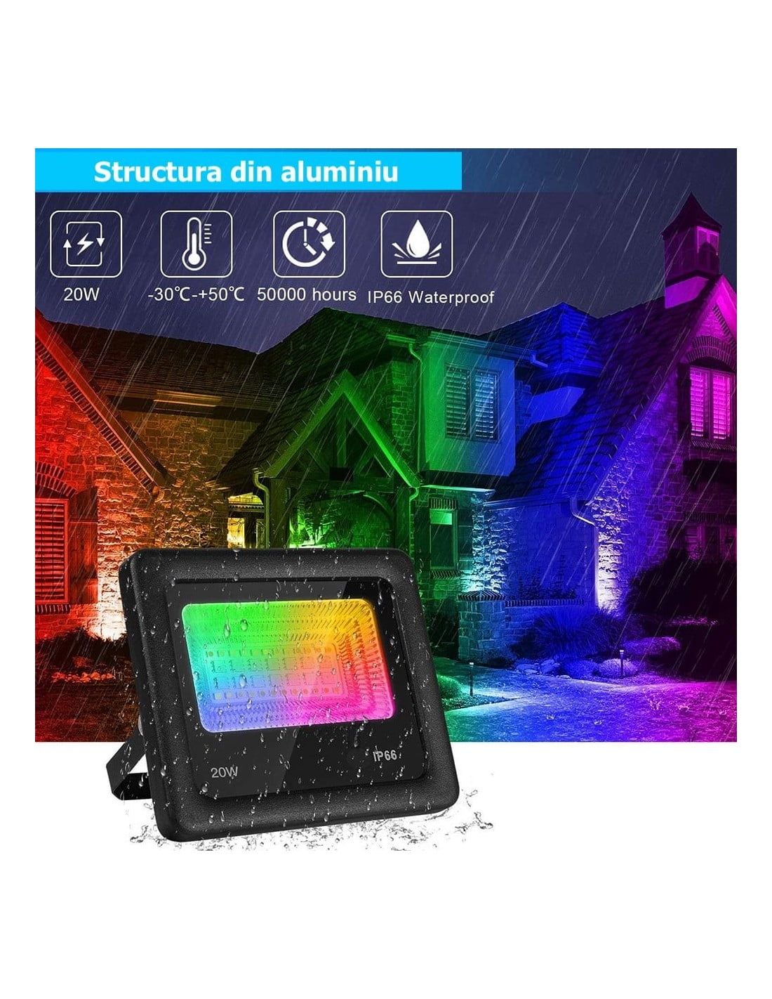 Proiector LED RGB 20W IP66 rezistent la ploaie, carcasa aluminiu, durata 50000 ore, utilizare exterior