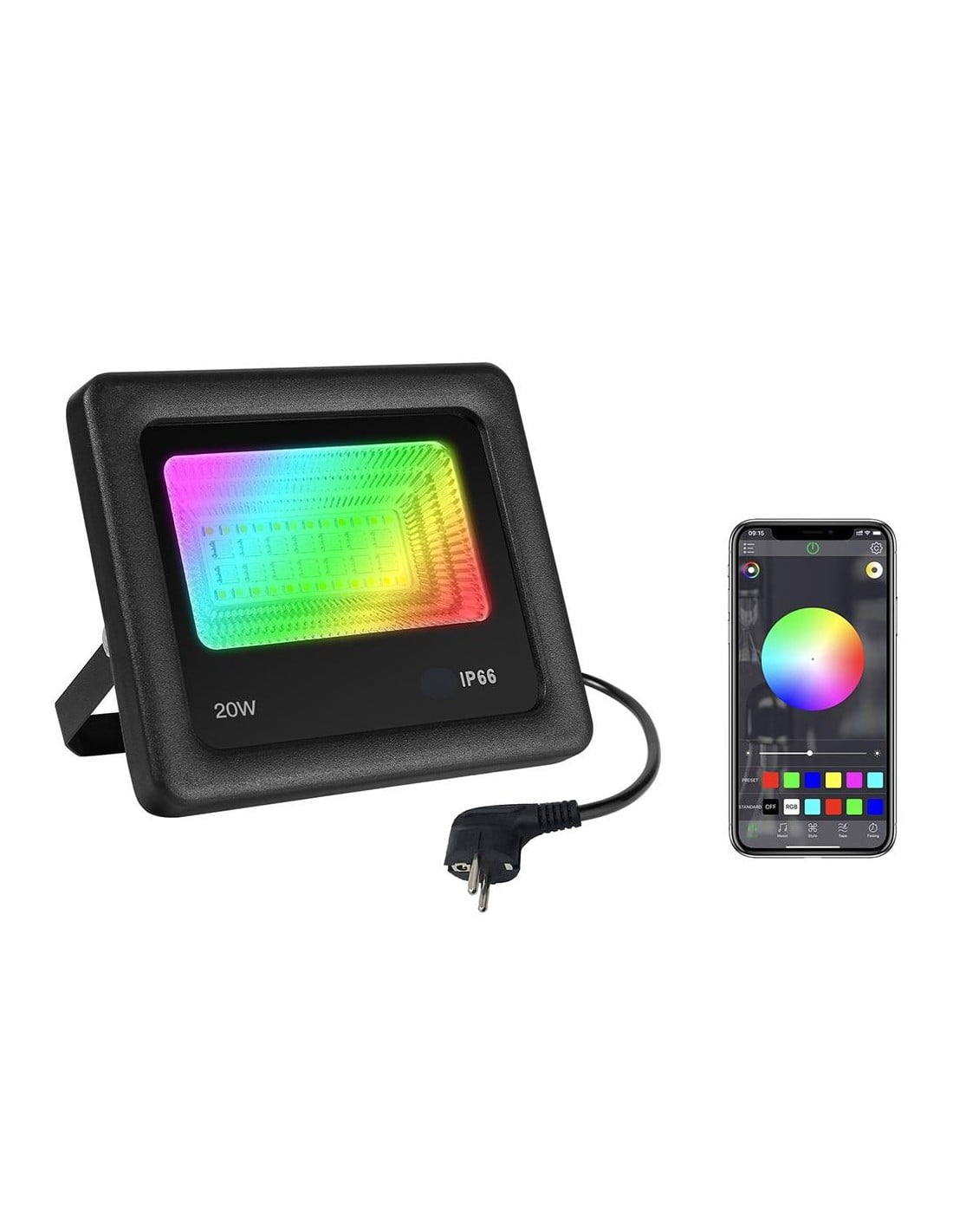Proiector RGB LED 20W IP66 cu control Bluetooth, afisaj multicolor si aplicatie mobila pentru selectarea culorii