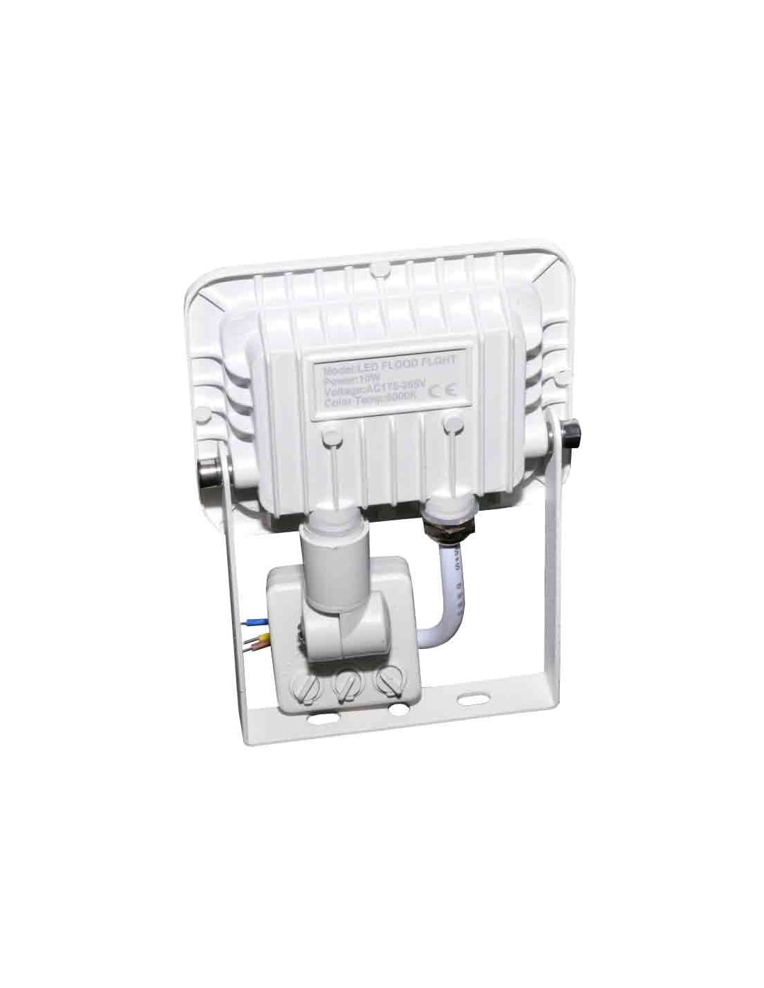 Proiector LED slim 10W, vedere spate cu eticheta tehnica si senzor PIR montat pe suport reglabil