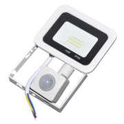 Proiector slim LED 10W cu senzor PIR, IP66, alb, vedere frontala cu suport metalic si fire conexiune