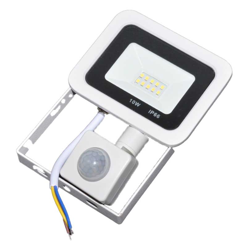 Proiector slim LED 10W cu senzor PIR, IP66, alb, vedere frontala cu suport metalic si fire conexiune