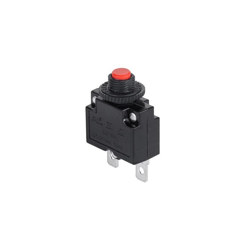 Protectie termica 25A cu buton reset rosu proeminent si terminale metalice, vedere laterala