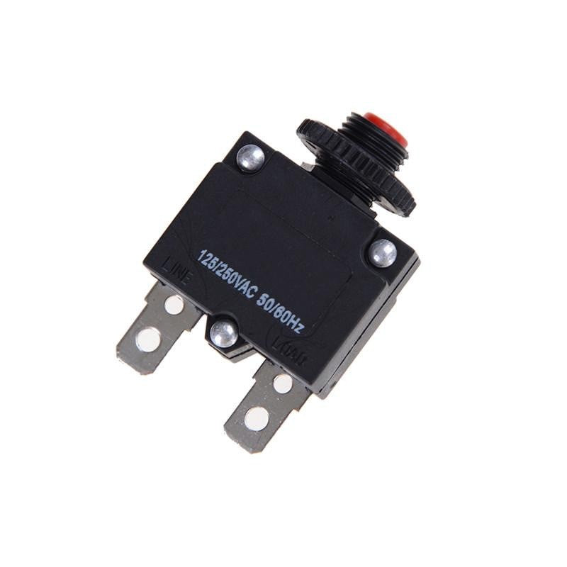 Siguranta termica cu reset manual 8A 125/250V AC, corp negru compact cu buton rosu si terminale cu suruburi