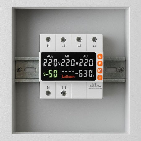 Comutator automat de transfer trifazat montat pe sina DIN in tablou electric, afisaj tensiune activ