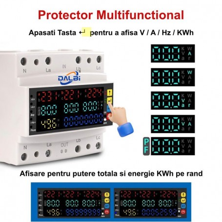 Protector multifunctional trifazic 100A cu display LCD color, afisaj V/A/Hz/kWh, montaj sina DIN