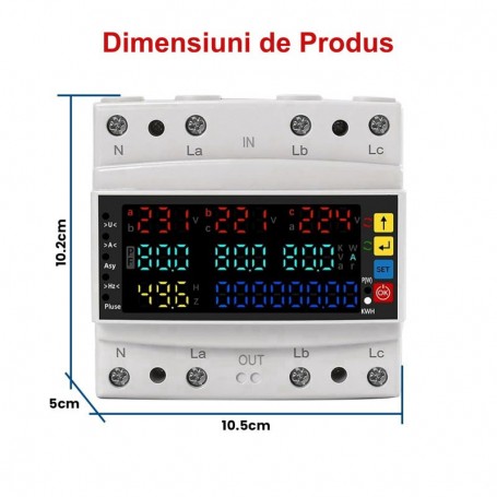 Protector trifazic sina DIN, dimensiuni 10.5x10.2x5cm, display LCD tensiune trifazata