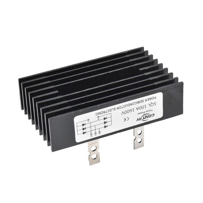Punte redresoare trifazica 100A 1600V vedere laterala cu radiator negru din aluminiu si eticheta tehnica