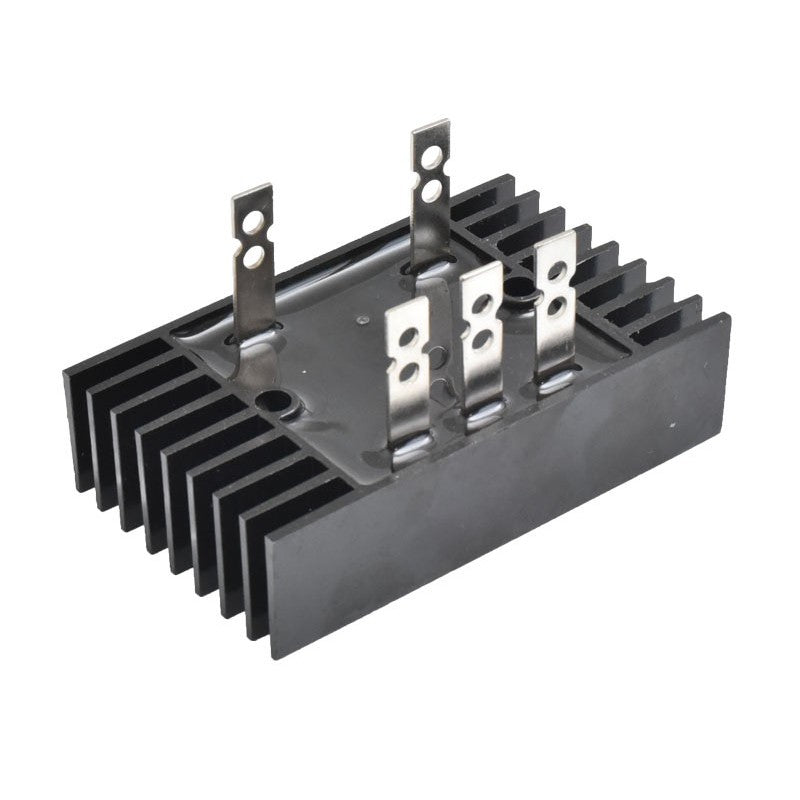 Punte redresoare trifazica 100A vedere de sus cu cei 5 conectori metalici si radiatorul din aluminiu