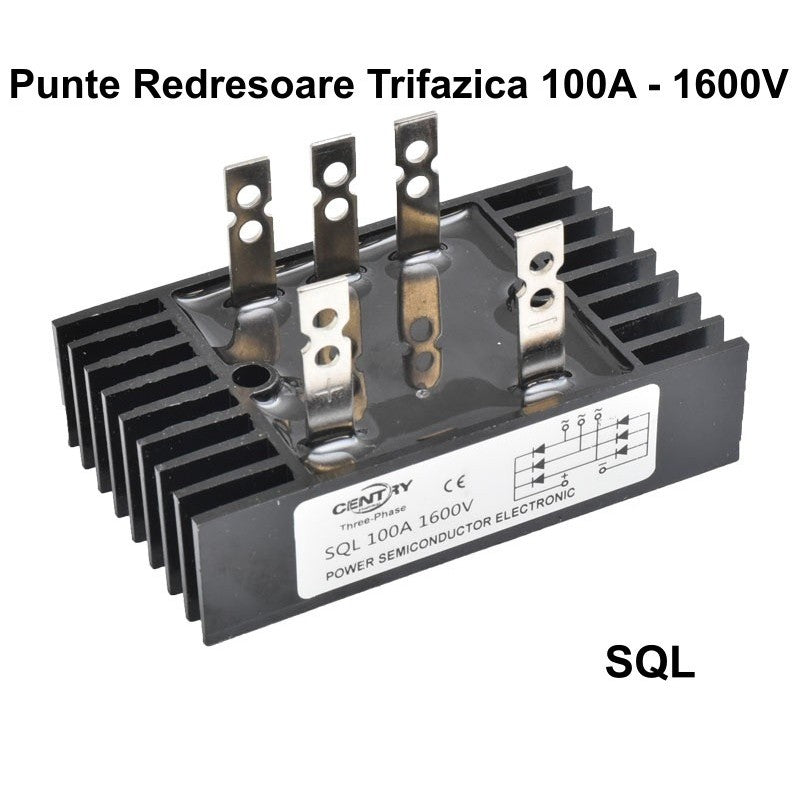 Punte redresoare trifazica 100A 1600V cu radiator din aluminiu si 5 conectori metalici pentru conversie AC-DC