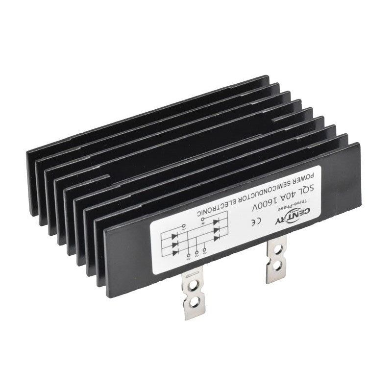 Punte redresoare trifazica 40A 1600V, vedere laterala cu radiator negru si terminale de conectare