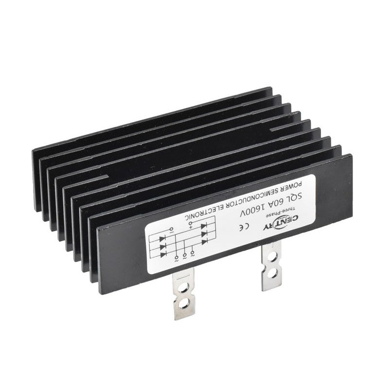 Punte redresoare trifazica 60A 1600V vedere laterala cu radiator si terminale DC