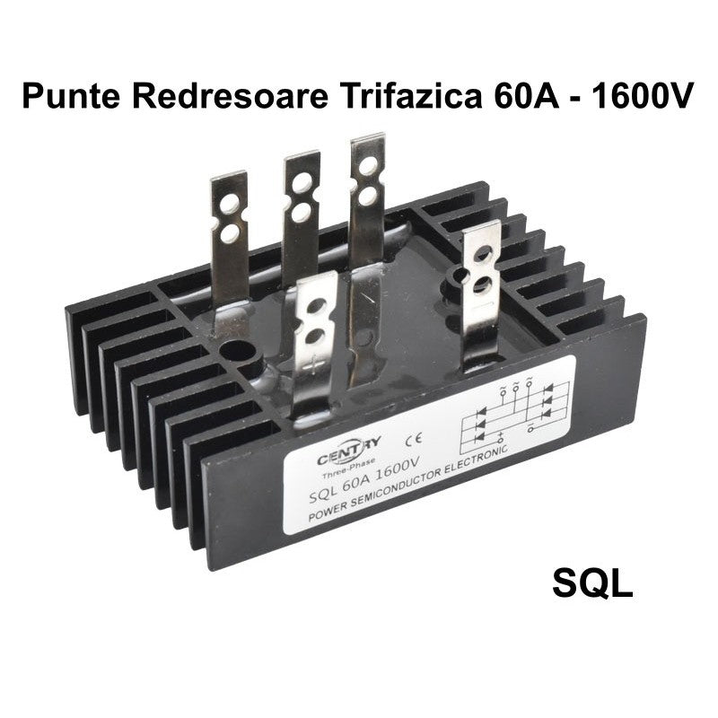 Punte redresoare trifazica 60A 1600V cu radiator aluminiu integrat si 5 terminale metalice