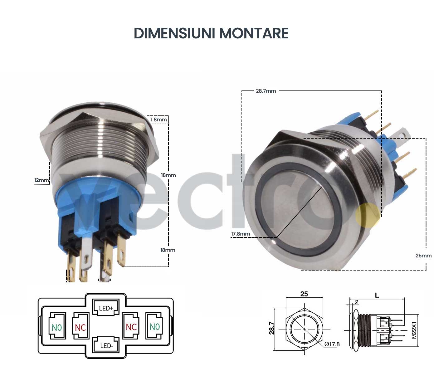 Buton push metalic 22mm, diagrama dimensiuni montare M22 si schema pinout LED si contacte