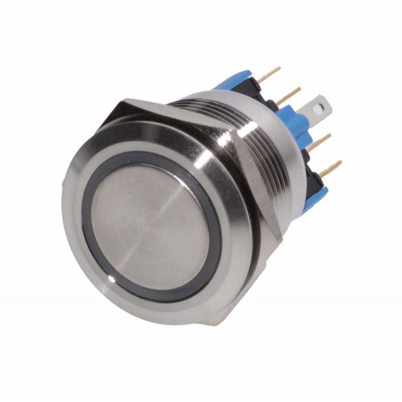 Buton push metalic 22mm inox cu inel LED stins, aspect neutru fara iluminare activa