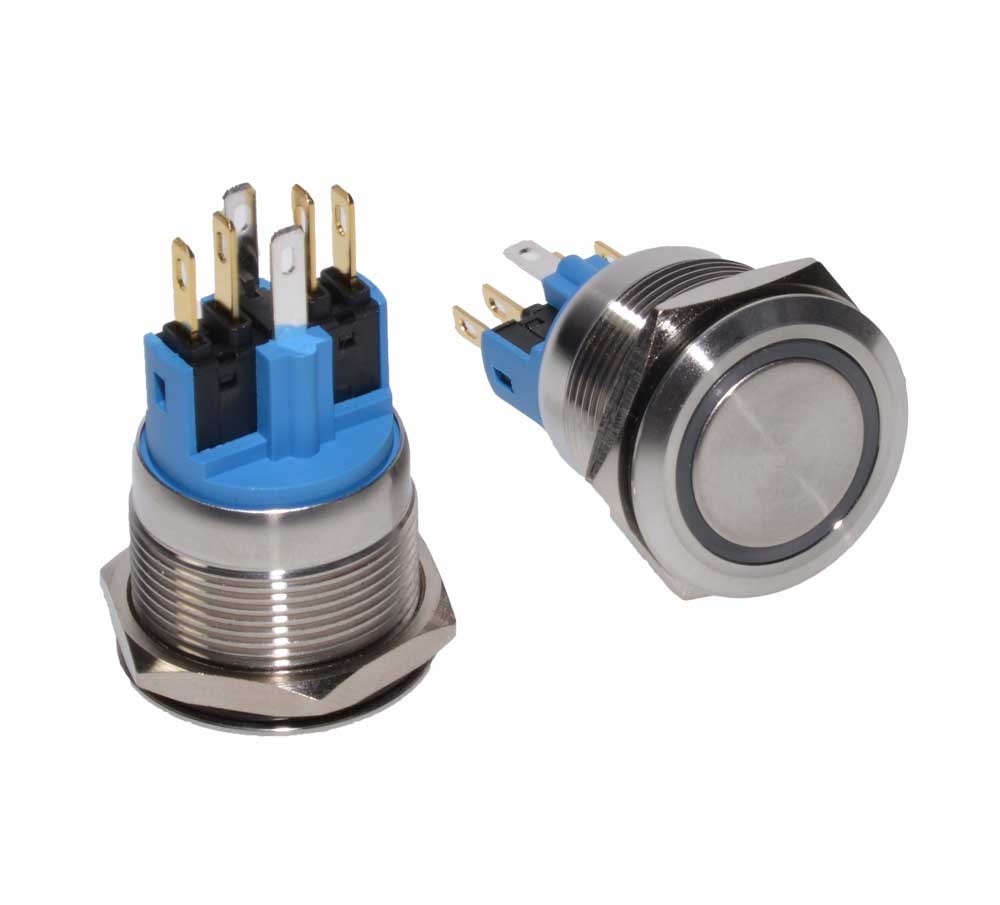 Buton push metalic 22mm prezentat din fata si din spate, vizualizare completa a ansamblului