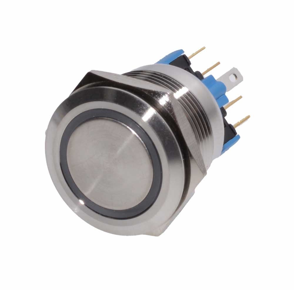 Buton push metalic 22mm cu inel LED alb 24V, corp inox antivandal, protectie IP67, 6 pini 1NO+1NC