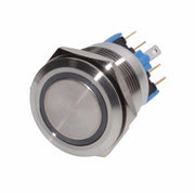 Buton push metalic 22mm cu inel LED alb 24V, corp inox antivandal, protectie IP67, 6 pini 1NO+1NC