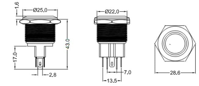 Desen tehnic buton push 22mm cu dimensiuni: diametru 25mm, inaltime 43mm, gaura montaj 22mm