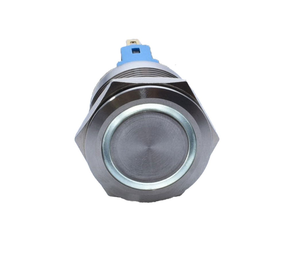 Buton push metalic 22mm cu inel LED alb, vedere frontala, inox lustruit cu inel luminos activ